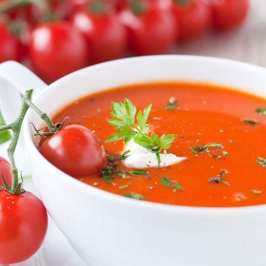 Bowl of tomato soup made with Gardeners Delight tomatoes